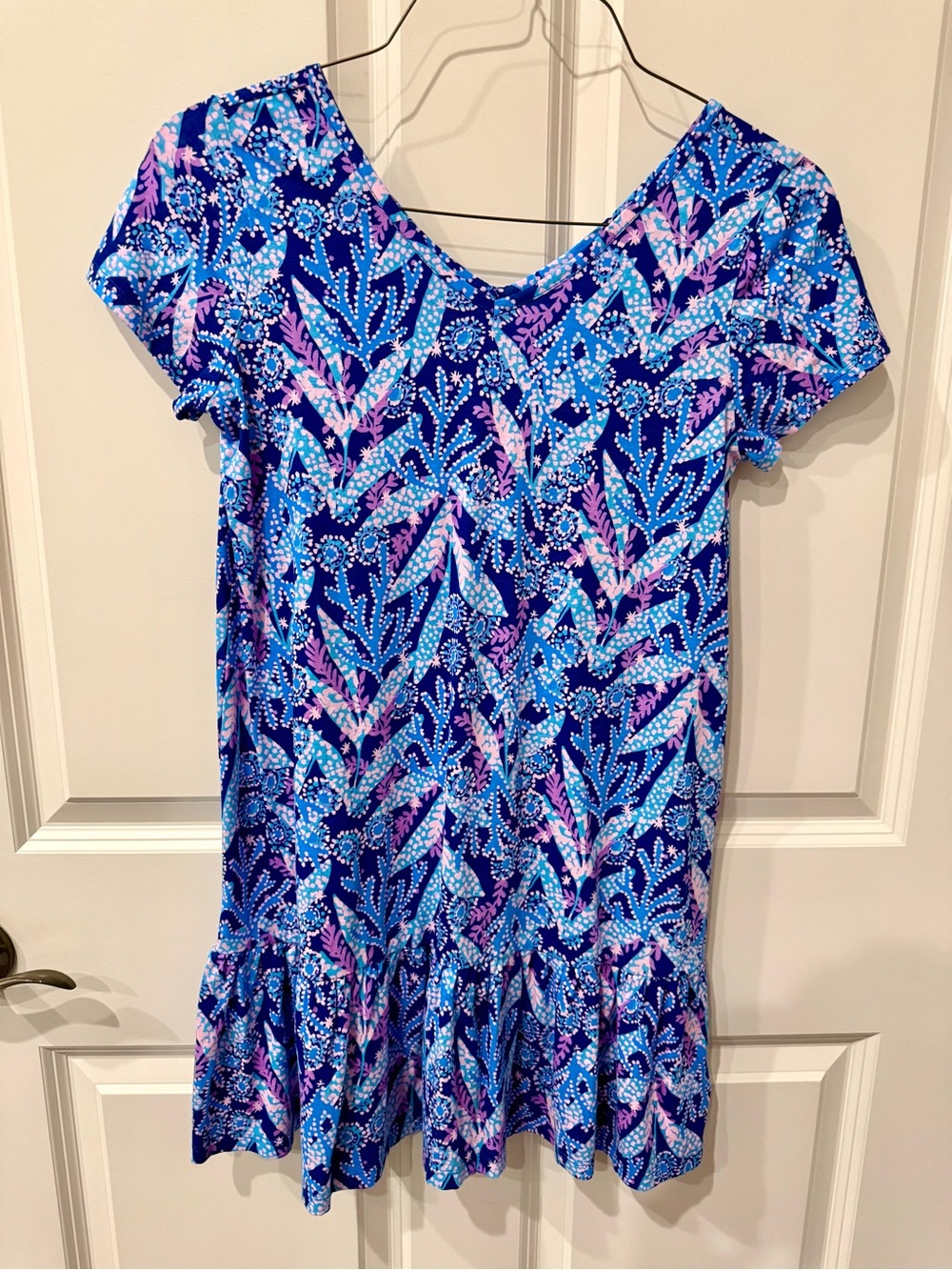 NWOT Lilly Pulitzer Girls Barton Blue stargazing V-Neck Short Sleeve Dress, 14.
